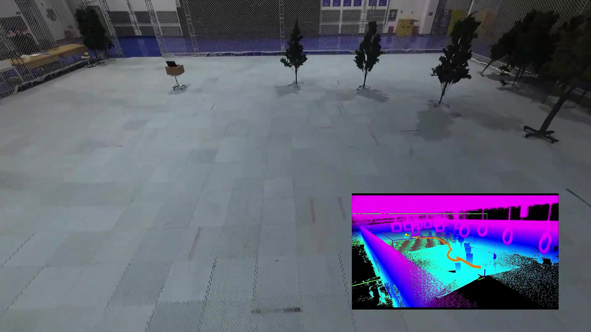 Indoor UAV experiment with LiDAR map inset